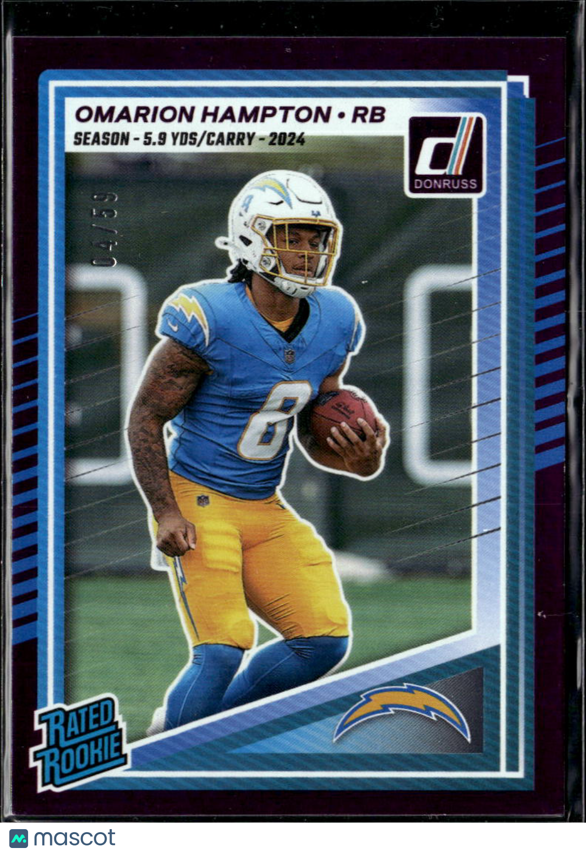 Omarion Hampton 2025 Donruss Rated Rookie Purple 4/59 Los Angeles Chargers