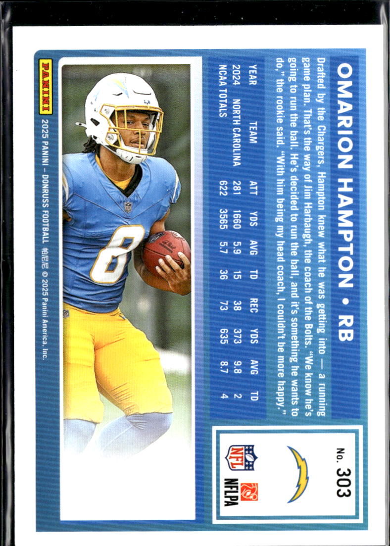 Omarion Hampton 2025 Donruss Rated Rookie Purple 4/59 Los Angeles Chargers