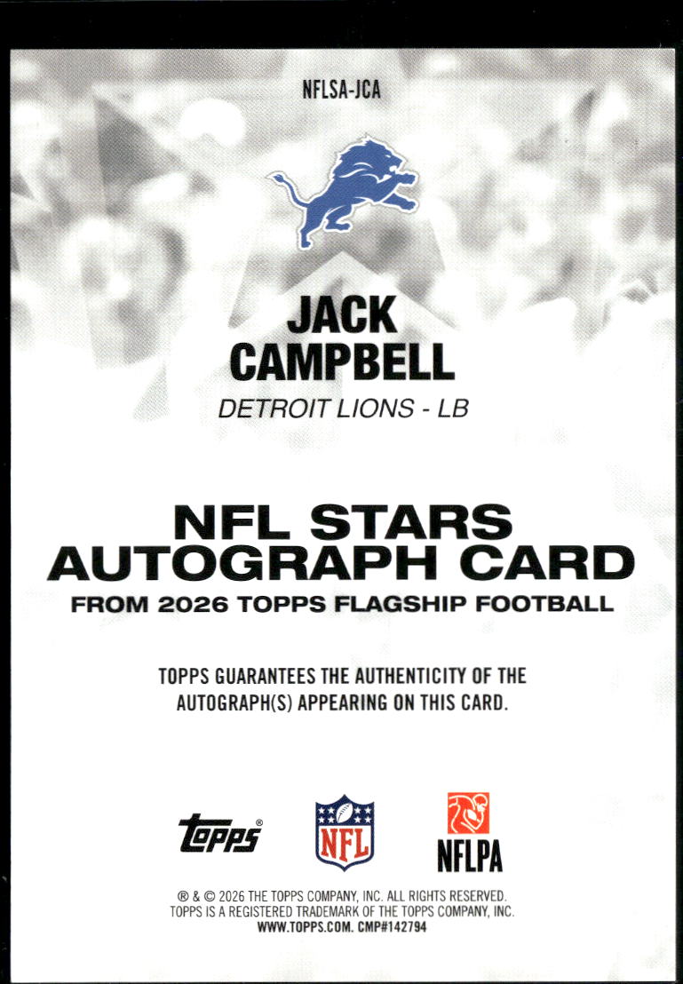 Jack Campbell 2026 Topps Flagship Auto Autograph Blue 133/150 Detroit Lions