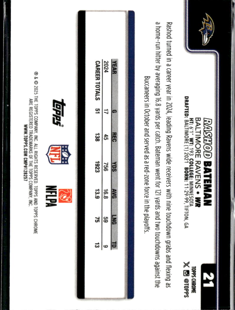 Rashod Bateman 2025 Topps Chrome Green Refractor 69/99 Baltimore Ravens