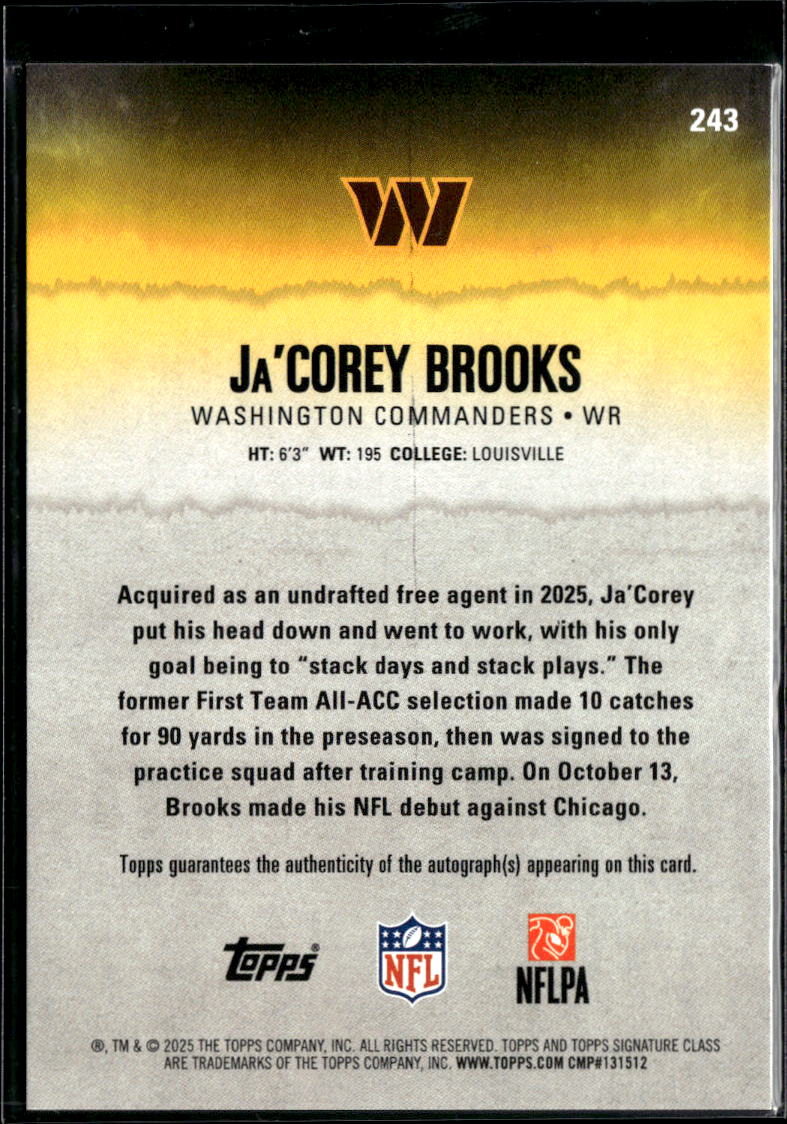 Ja'Corey Brooks 2025 Topps Signature Class RC Auto Autograph Commanders