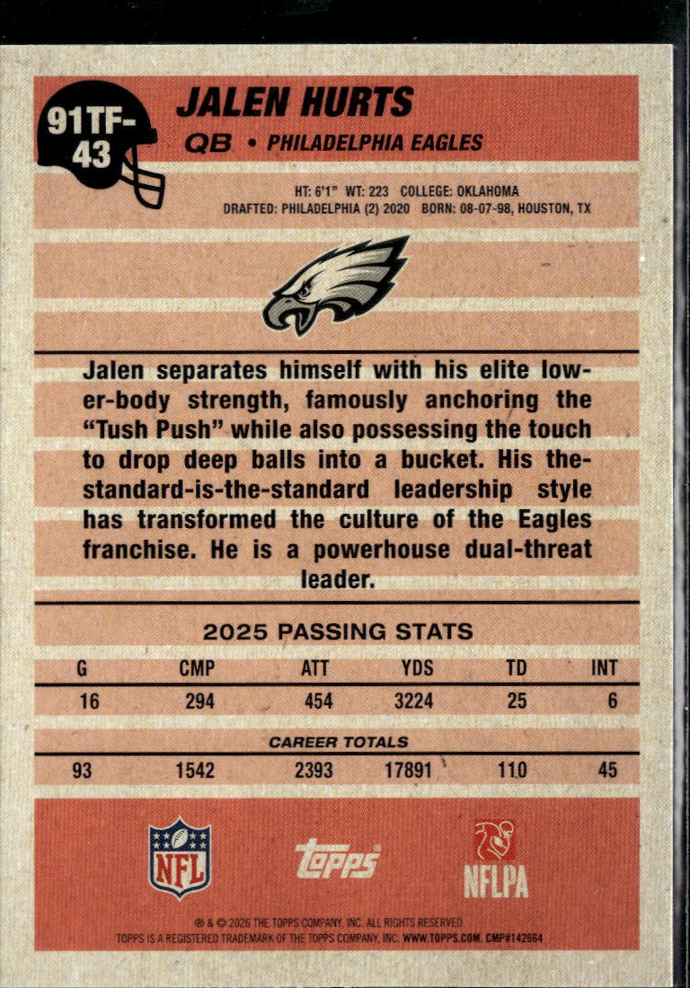 Jalen Hurts 2026 Topps '91 Pink 595/1000 Philadelphia Eagles