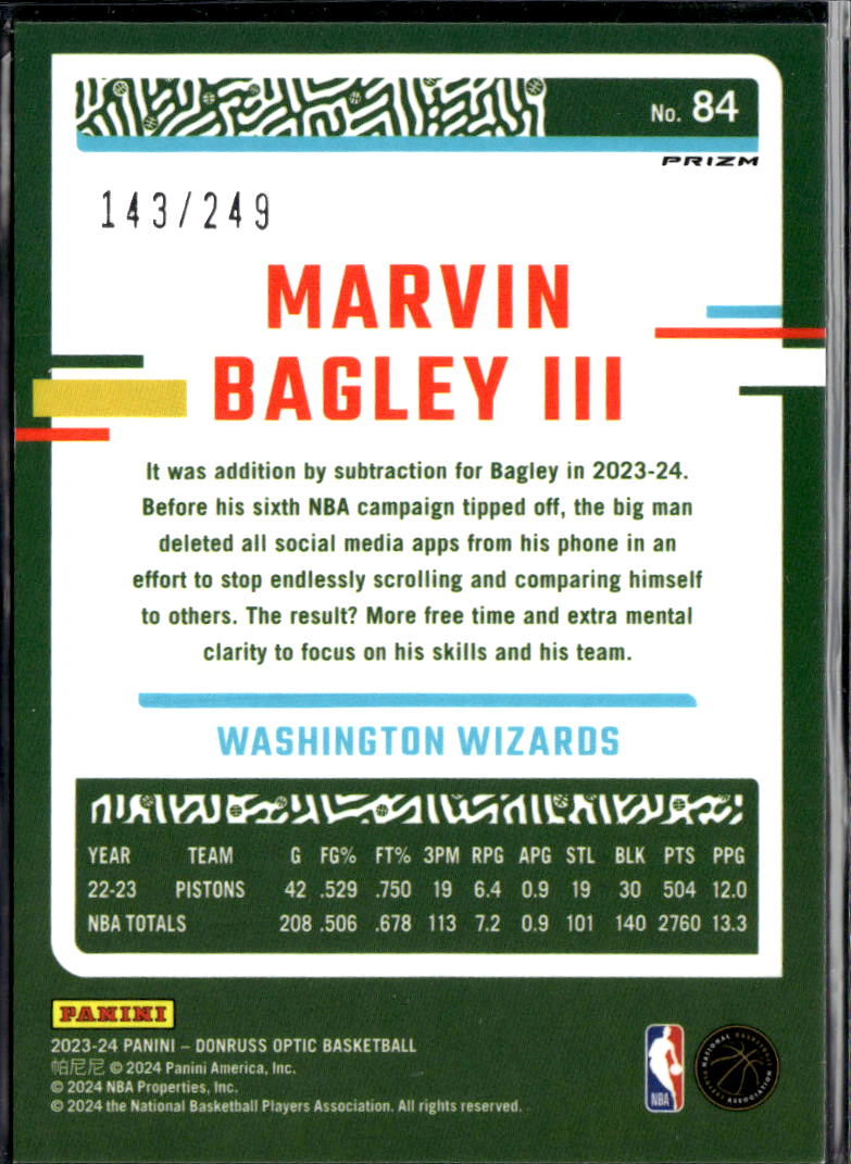 Marvin Bagley III 2023-24 Optic Aqua Prizm /249 Washington Wizards