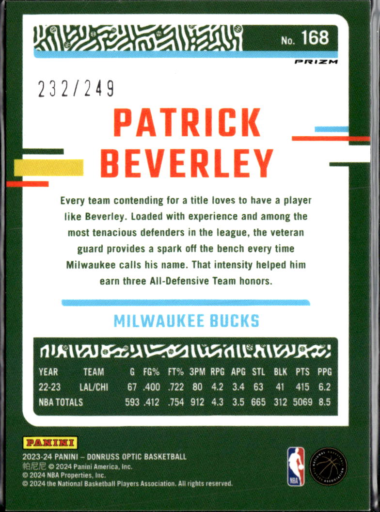Patrick Beverley 2023-24 Optic Blue Seismic 232/249 Milwaukee Bucks