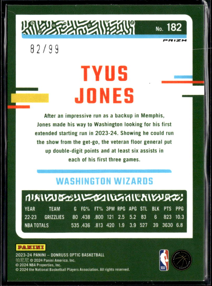 Tyus Jones 2023-24 Optic Purple Disco Prizm /99 Washington Wizards