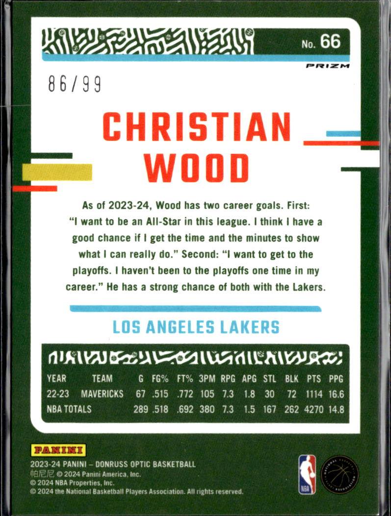Christian Wood 2023-24 Optic Purple Disco /99 Los Angeles Lakers