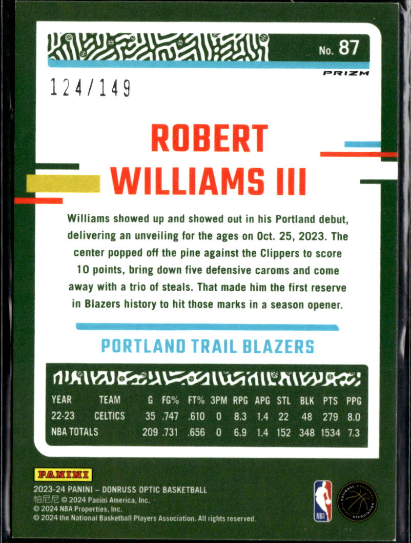 Robert Williams III 2023-24 Optic Lime Green Prizm /149 Portland Trail Blazers