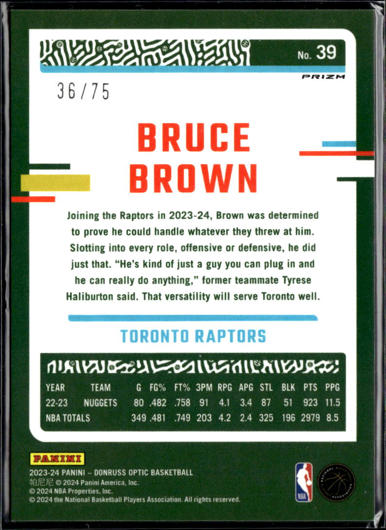 Bruce Brown 2023-24 Optic Red Glitter Prizm /75 Toronto Raptors