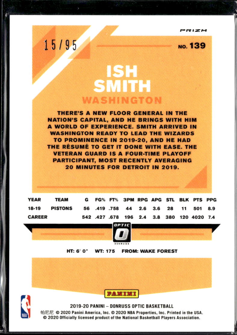 Ish Smith 2020 Optic Purple Disco Prizm /95 Washington Wizards
