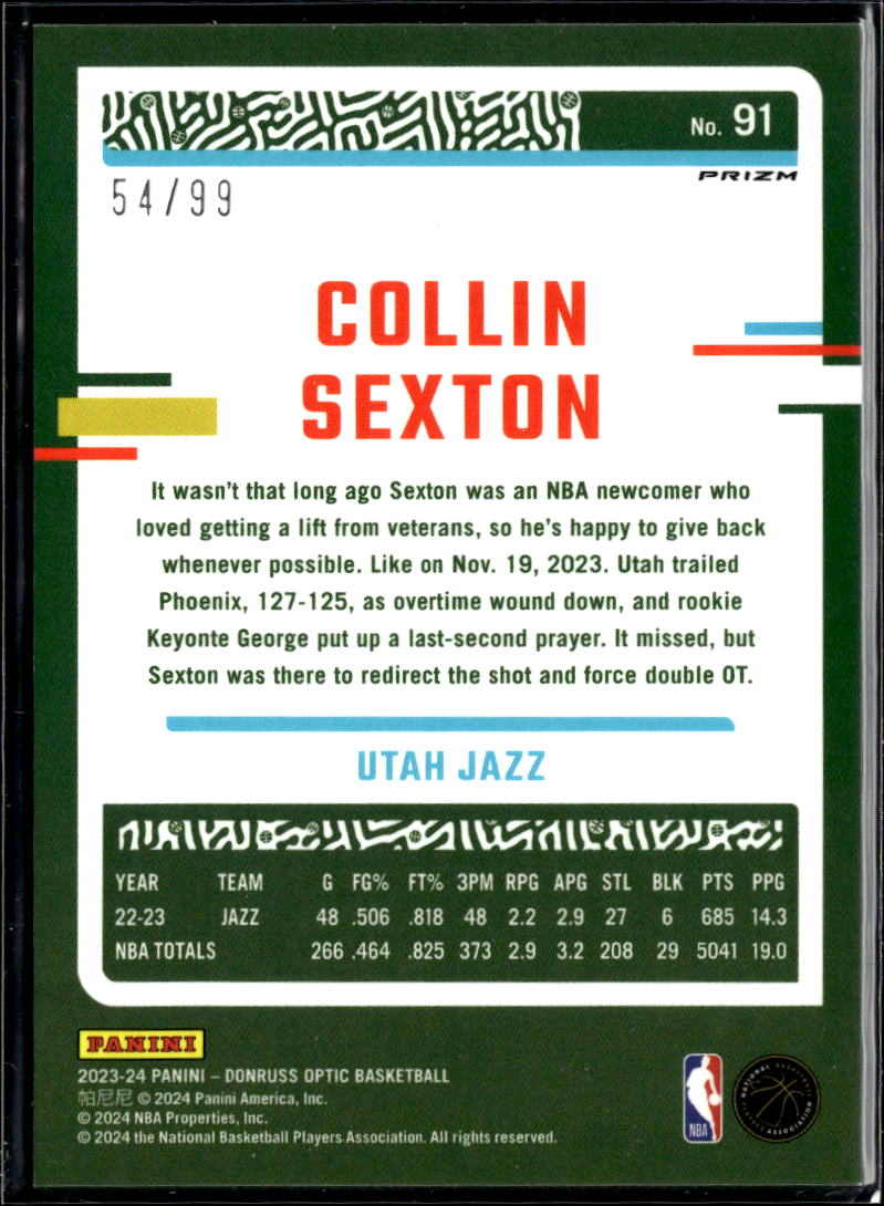 Collin Sexton 2023024 Optic Orange Prizm /99 Utah Jazz