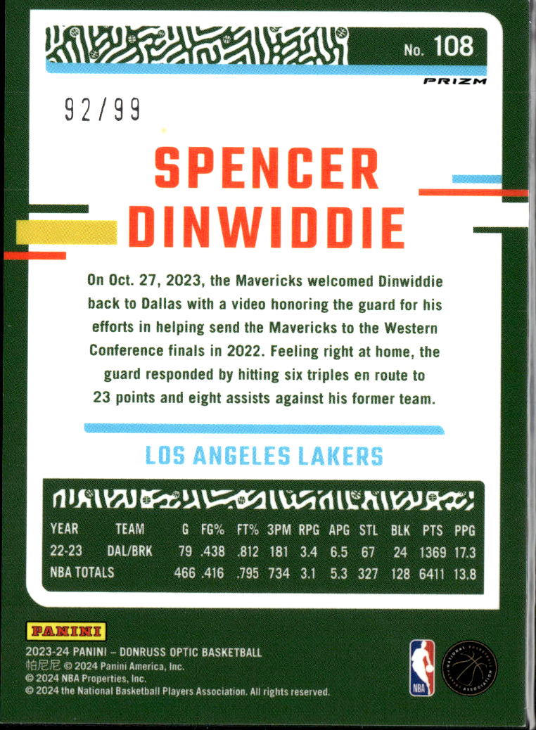 Spencer Dinwiddie 2024 Optic Orange /99 Los Angeles Lakers