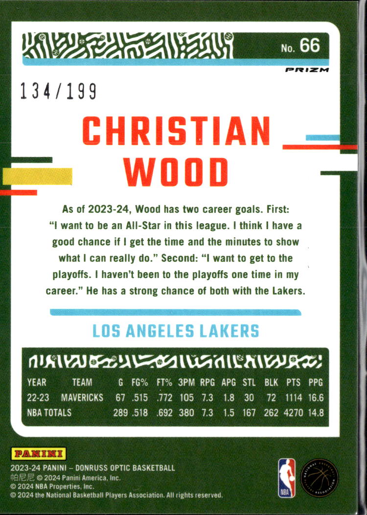 Christian Wood 2024 Optic Orange Prizm /199 Los Angeles Lakers