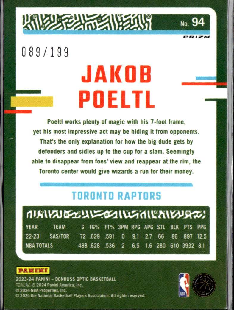 Jakob Poeltl 2024 Optic Orange Prizm 89/199 Toronto Raptors
