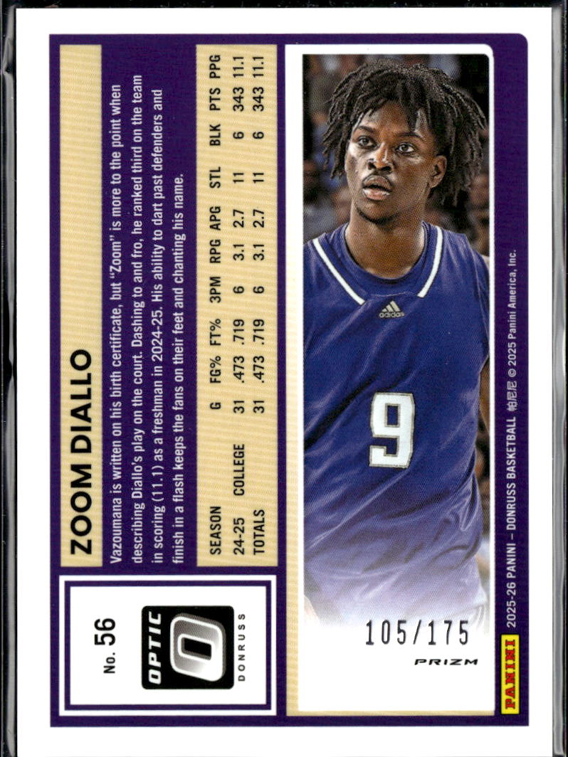 Zoom Diallo 2025 Optic Orange Prizm Rookie RC 105/175 Huskies