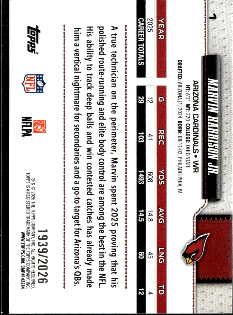 Marvin Harrison Jr. 2026 Topps Gold 1939/2026 Arizona Cardinals