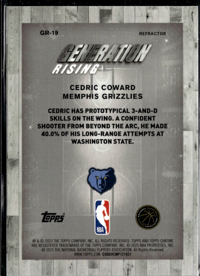 Cedric Coward 2025 Topps Chrome Generation Rising RC Refractor Memphis Grizzlies