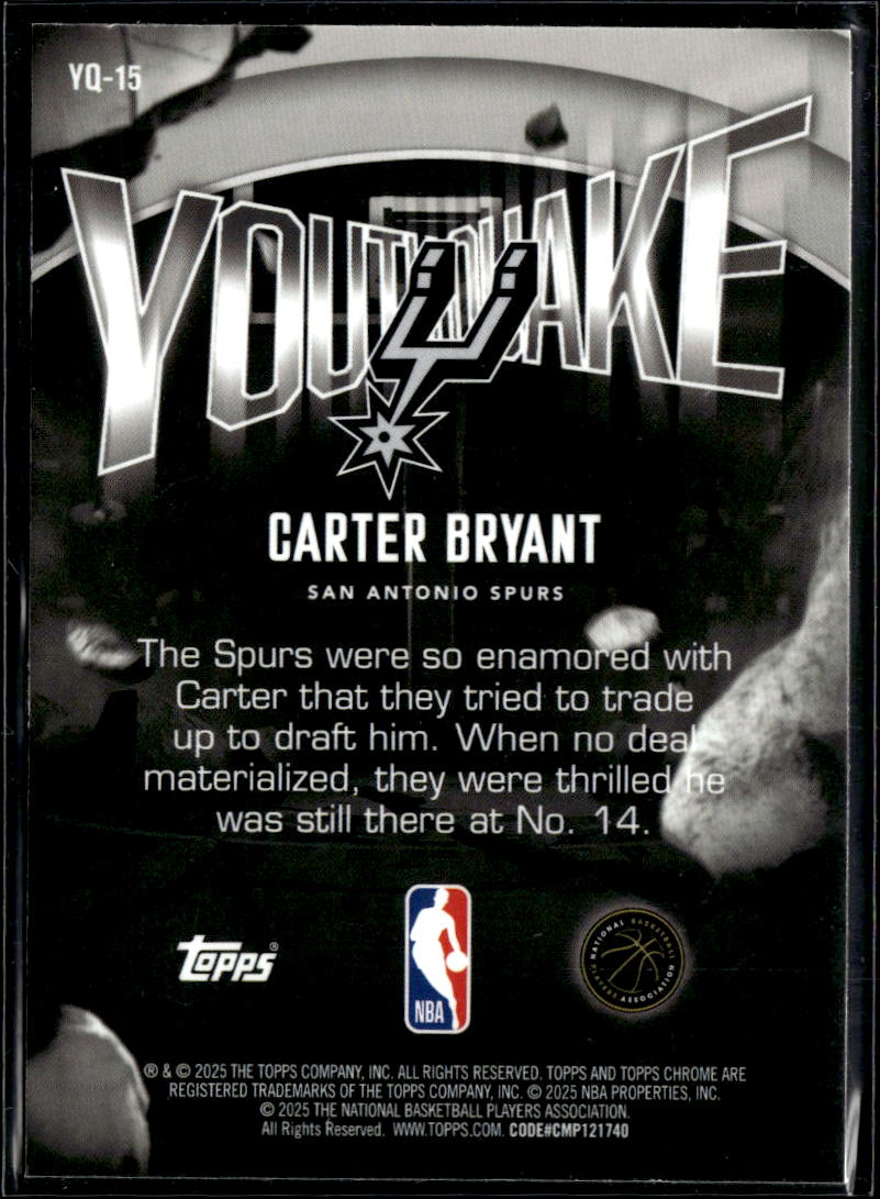 Carter Bryant 2025 Topps Chrome Youthquake Rookie RC San Antonio Spurs