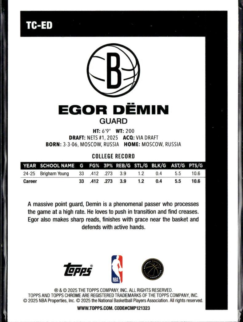 Egor Demin 2025 Topps Chrome '80 Silver Pack Rookie RC Brooklyn Nets