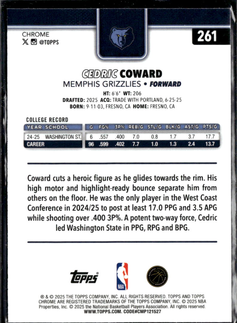 Cedric Coward 2025 Topps Chrome RC Rookie Memphis Grizzlies
