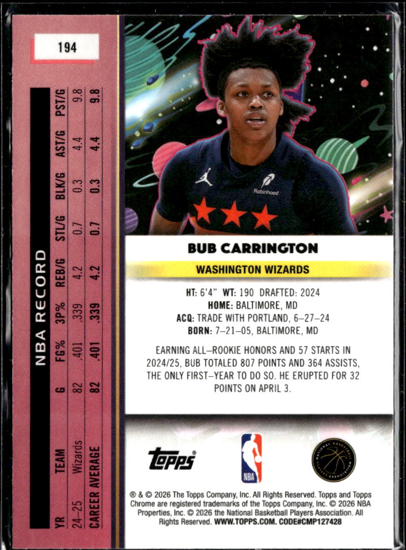 Bub Carrington 2026 Topps Chrome Cosmic Green Refractor 34/75 Washington Wizards