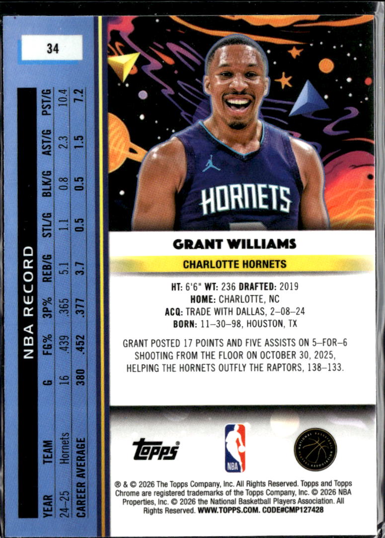 Grant Williams 2026 Topps Chrome Cosmic Aqua Shimmer /199 Charlotte Hornets