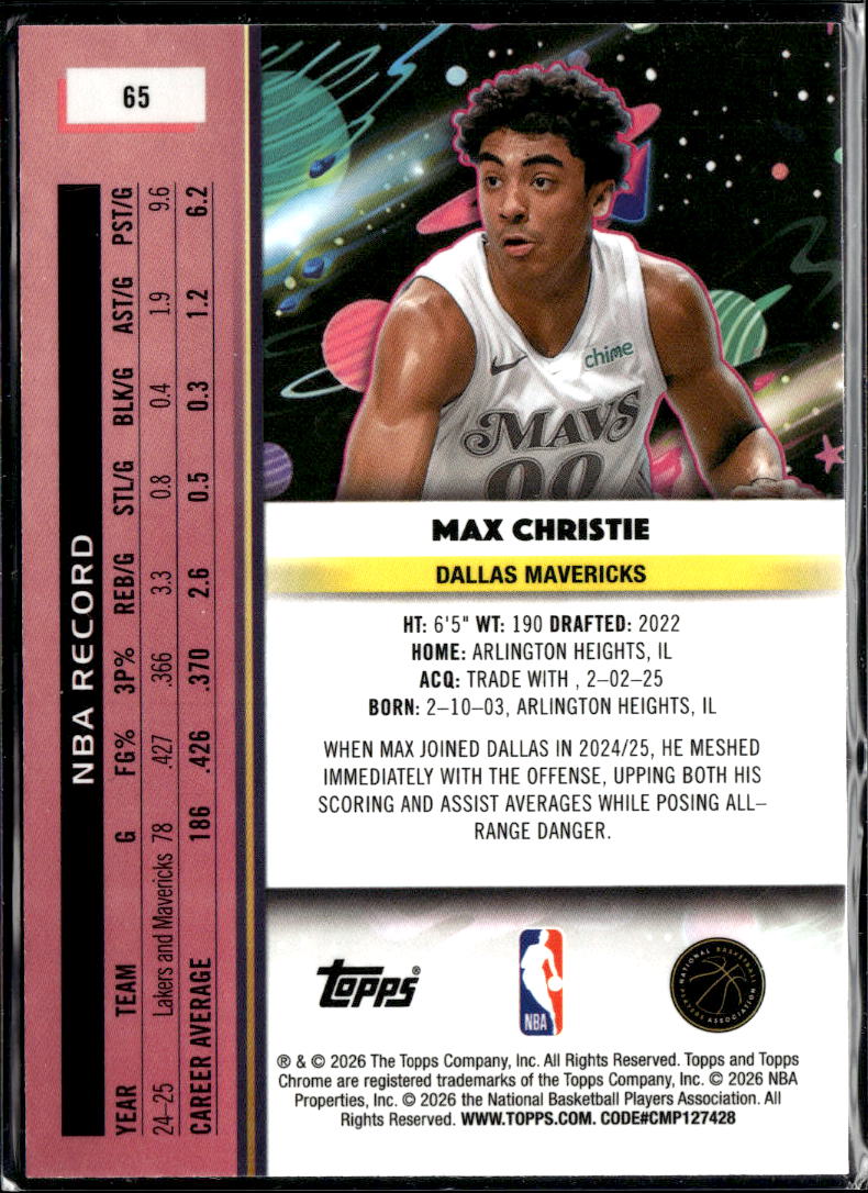 Max Christie 2026 Topps Chrome Cosmic Aqua Wave Refractor /199 Dallas Mavericks