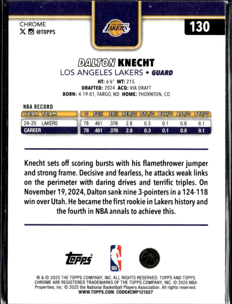 Dalton Knecht 2025 Topps Chrome Blue Wave Refractor /150 Los Angeles Lakers