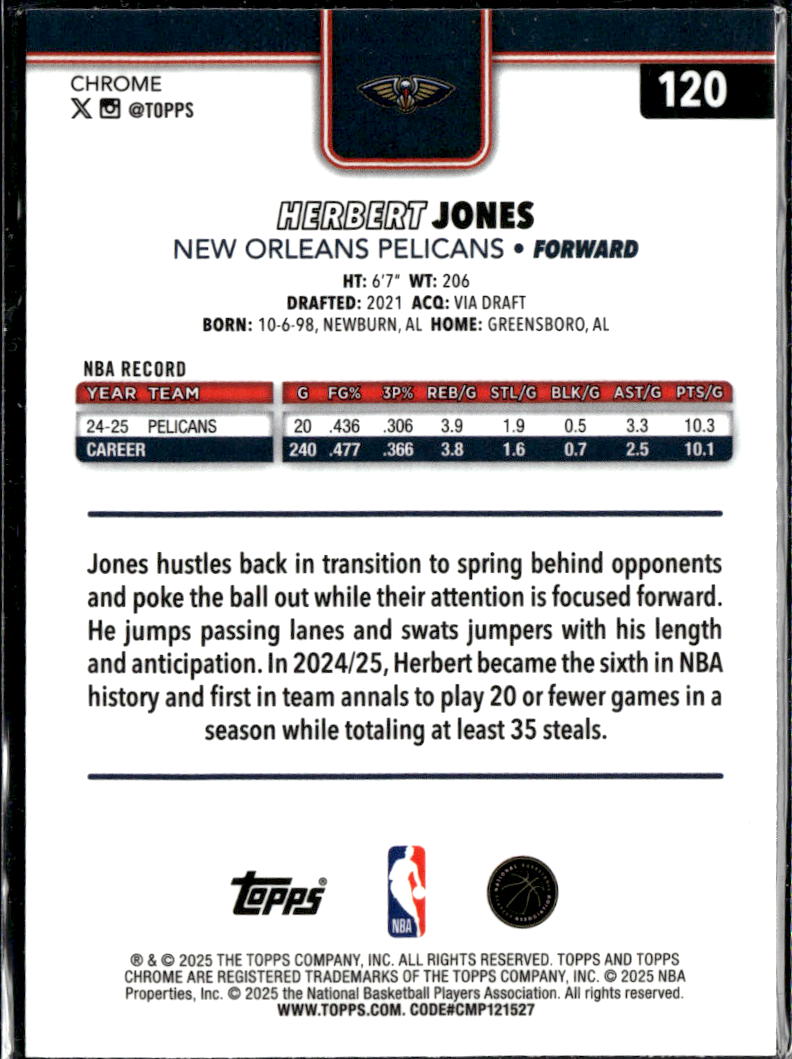 Herbert Jones 2025 Topps Chrome Blue Wave Refractor /150 New Orleans Pelicans
