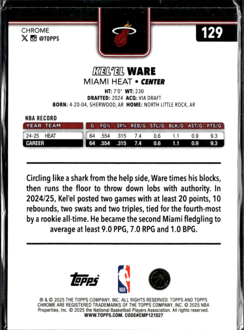 Kel'el Ware 2025 Topps Chrome 017/1517 Blue Miami Heat
