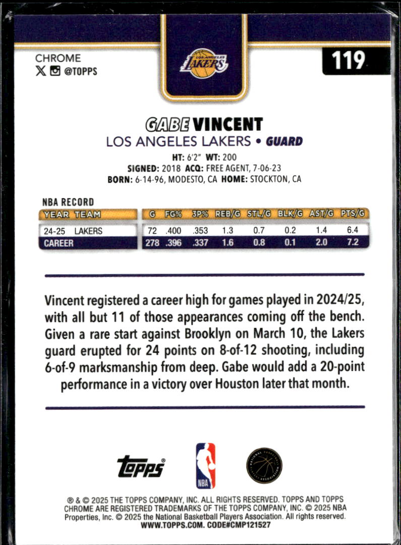Gabe Vincent 2025 Topps Chrome Blue Refractor /150 Los Angeles Lakers