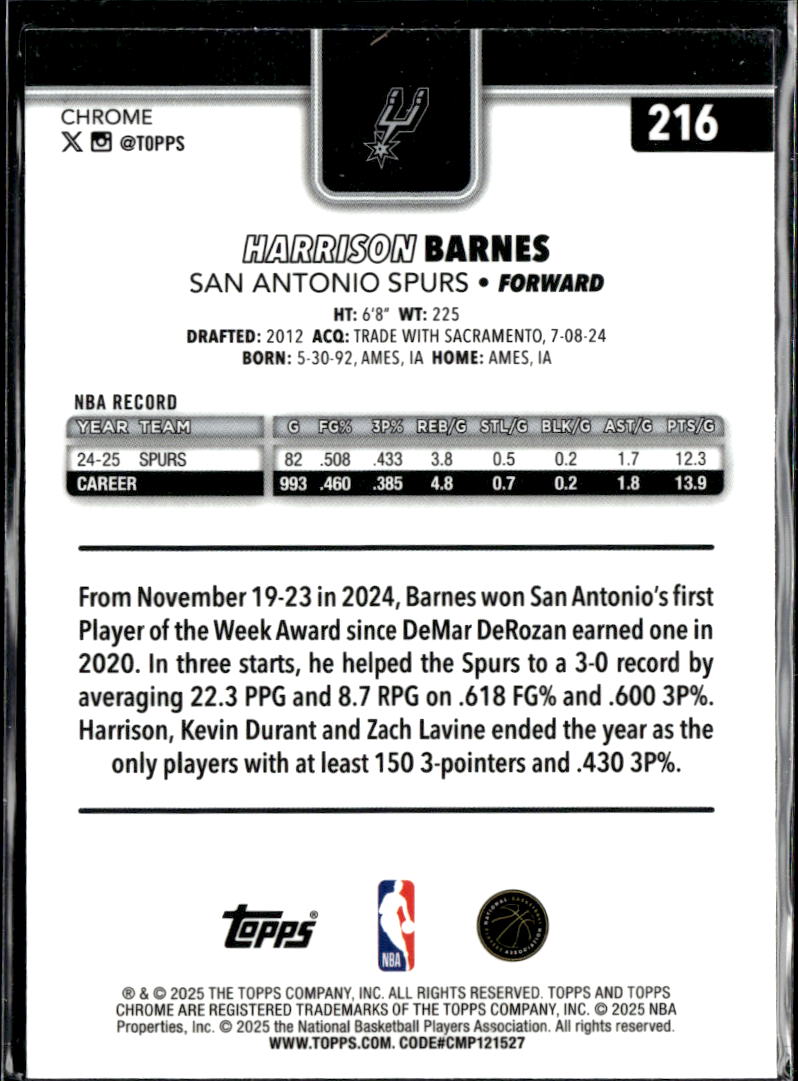 Harrison Barnes 2025 Topps Chrome Aqua Refractor /199 San Antonio Spurs