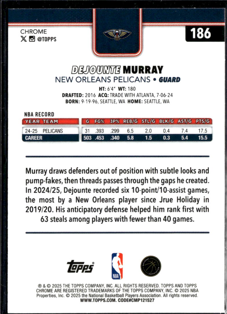 Dejounte Murray 2025 Topps Chrome  Aqua Refractor /199 New Orleans Pelicans