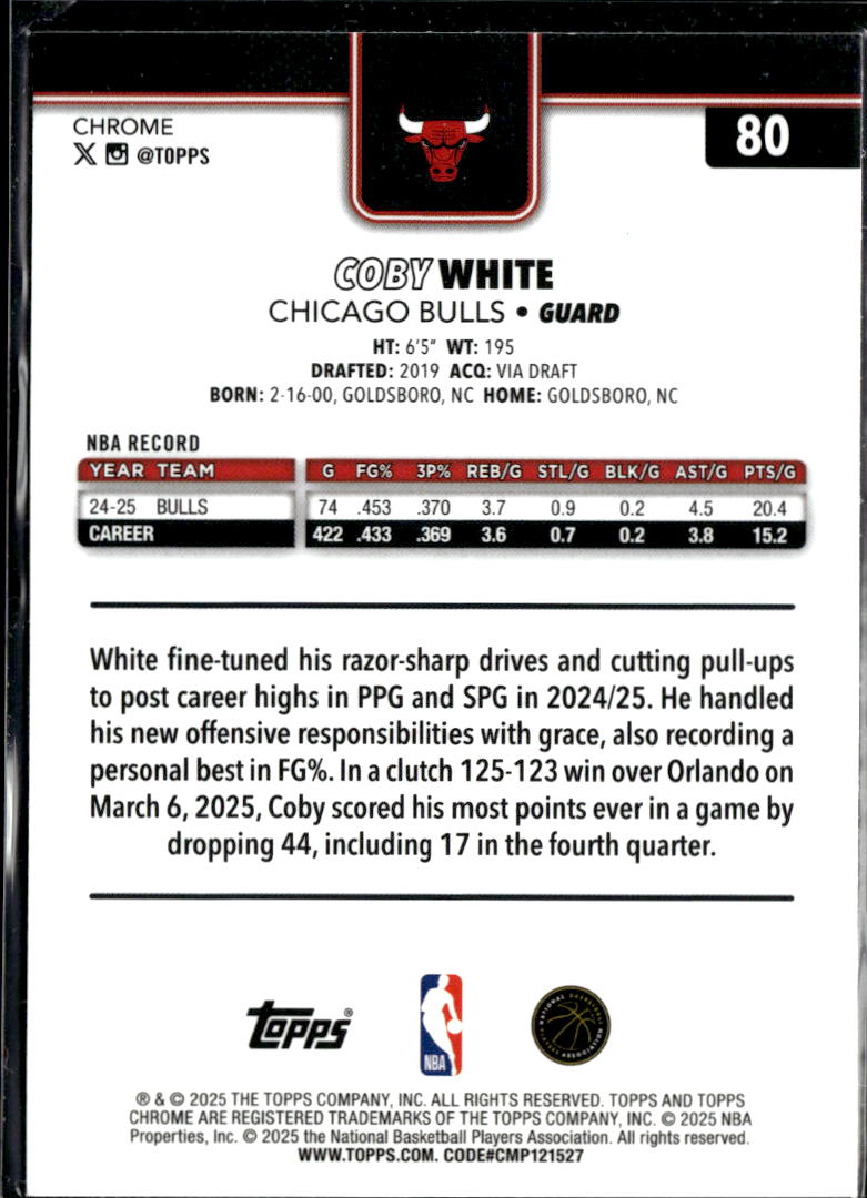 Coby White 2025 Topps Chrome Aqua Refractor /299 Chicago Bulls