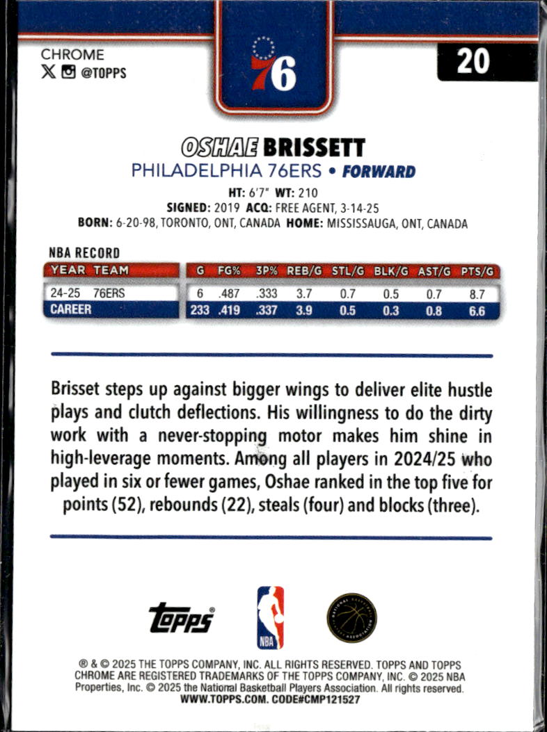 Oshae Brissett 2025 Topps Chrome Green Wave Refractor /99 Philadelphia 76ers
