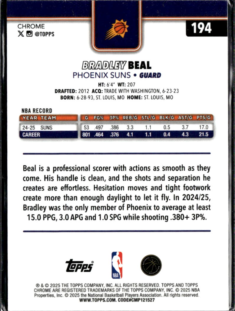 Bradley Beal 2025 Topps Chrome Pink Refractor /399 Phoenix Suns