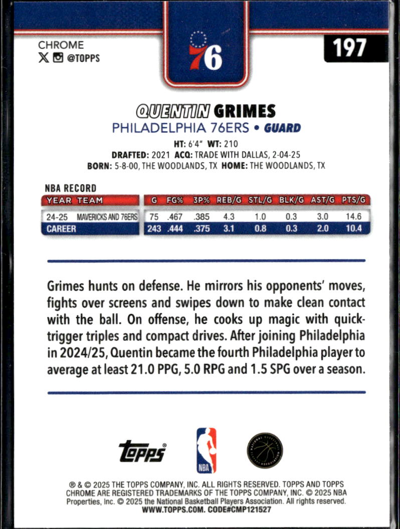 Quentin Grimes 2025 Topps Chrome Pink Refractor /399 Philadelphia 76ers