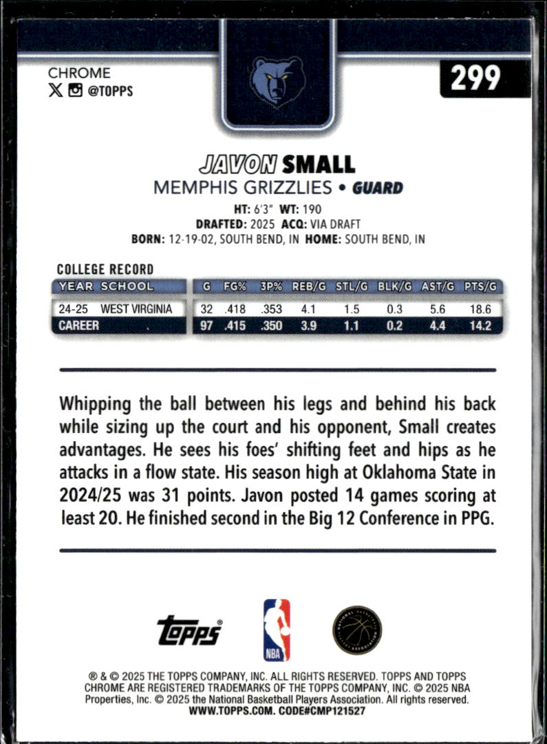 Javon Small 2025 Topps Chrome Pink Refractor RC /399 Memphis Grizzlies