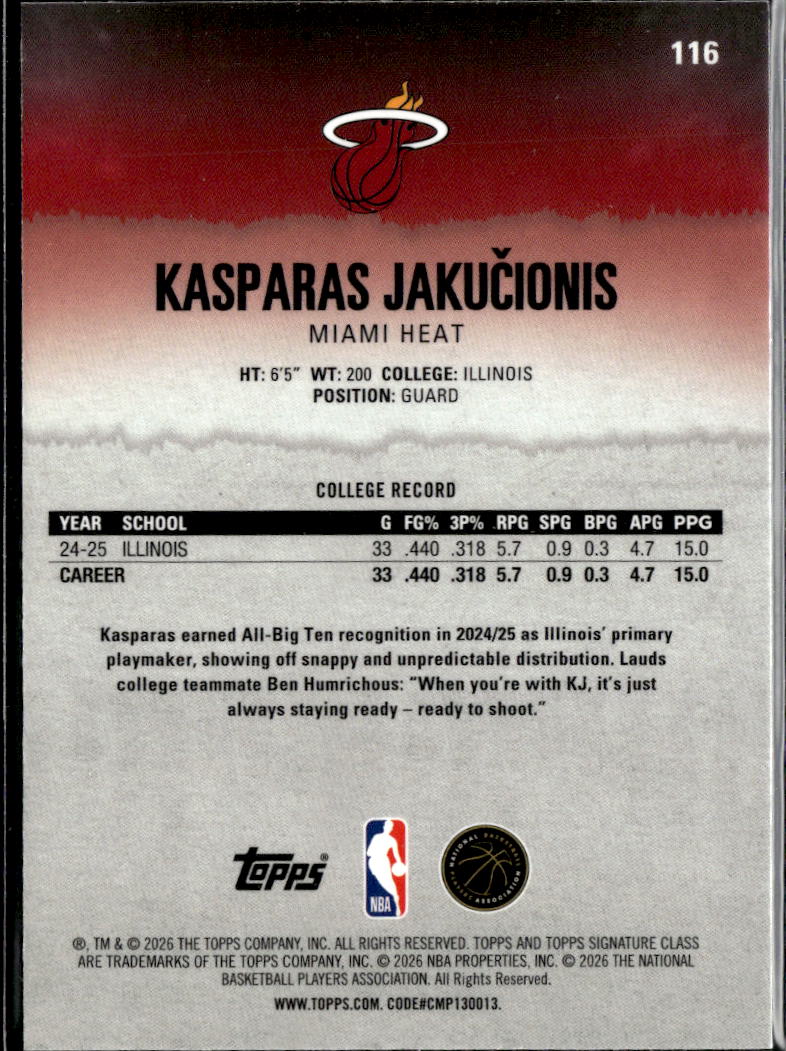 Kasparas Jakucionis 2026 Topps Signature Class Yellow RC /275 Miami Heat