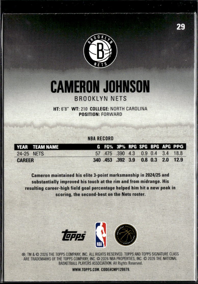 Cameron Johnson 2026 Topps Signature Class Pink /75 Brooklyn Nets