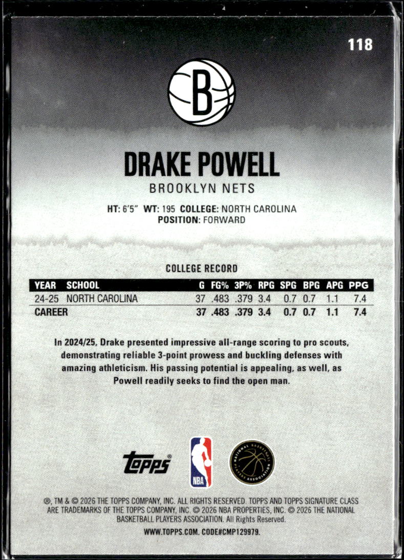 Drake Powell 2026 Topps Topps Signature Class RC Pink /299 Brooklyn Nets