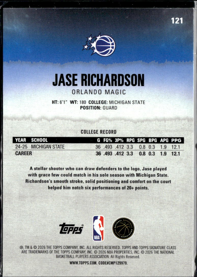 Jase Richardson 2026 Topps Signature Class Purple RC /100 Orlando Magic