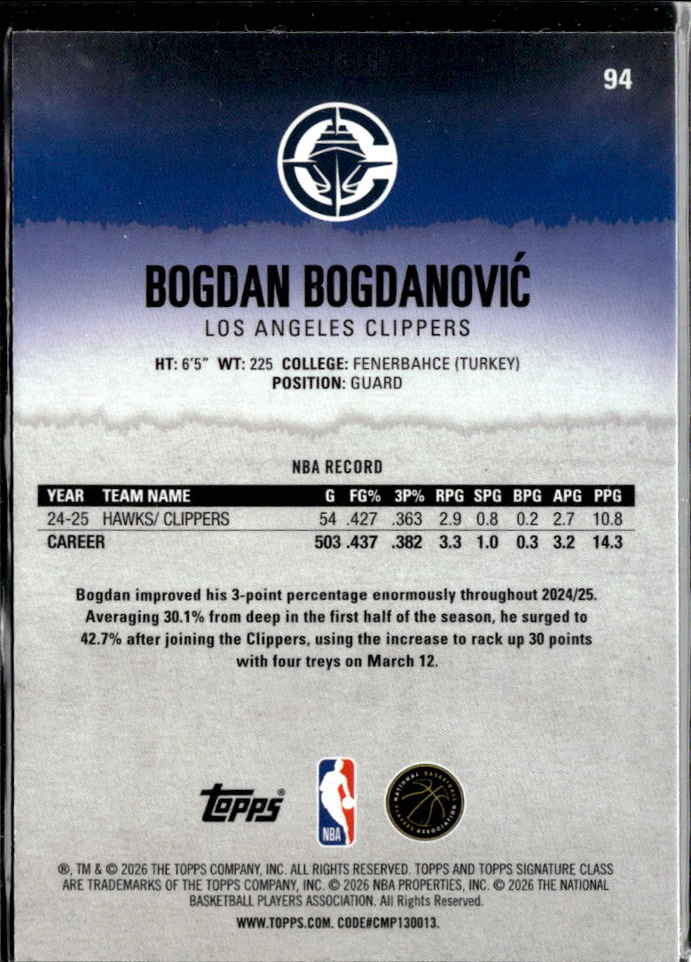 Bogdan Bogdanovic 2026 Topps Signature Class Pink /250 Los Angeles Clippers