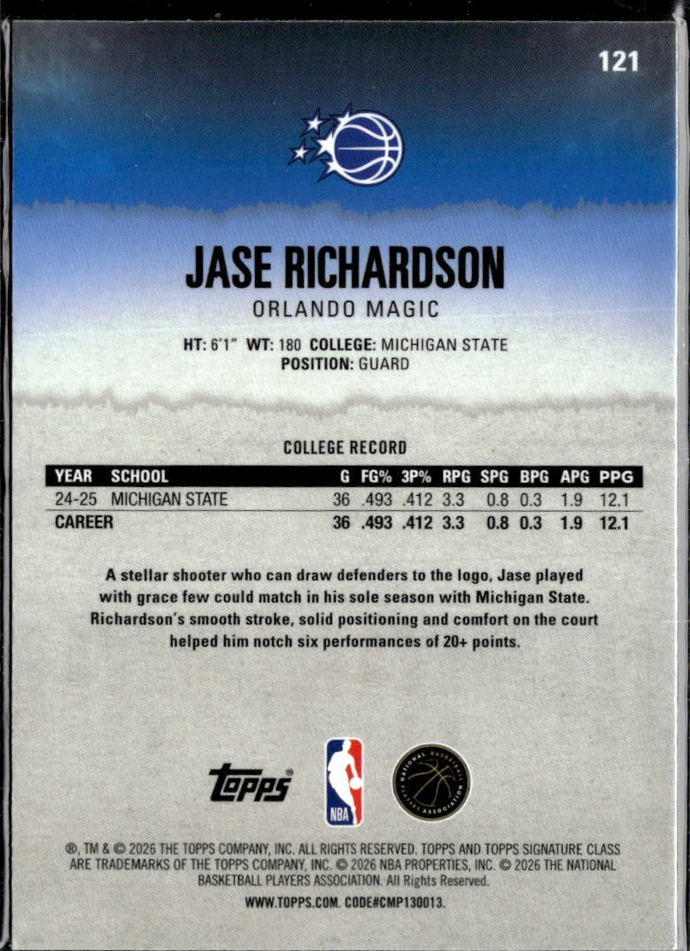 Jase Richardson 2026 Topps Signature Class Green RC /150 Orlando Magic