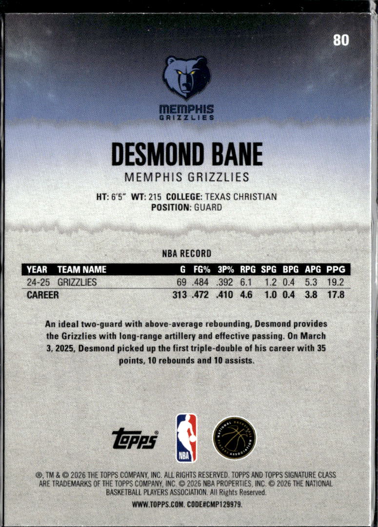 Desmond Bane 2026 Topps Signature Class Green /150 Memphis Grizzlies