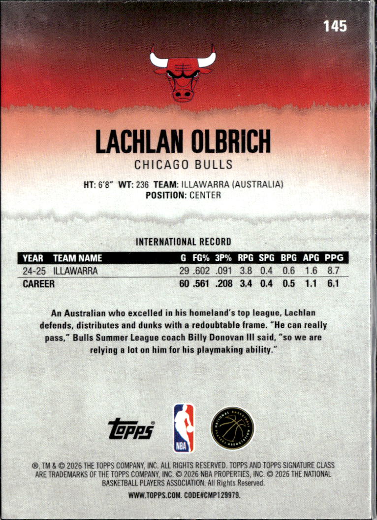 Lachlan Olbrich 2026 Topps Signature Class Green RC /175 Chicago Bulls