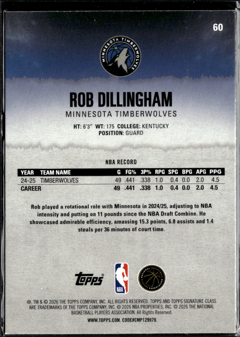 Rob Dillingham 2026 Topps Signature Class 162/175 Minnesota Timberwolves