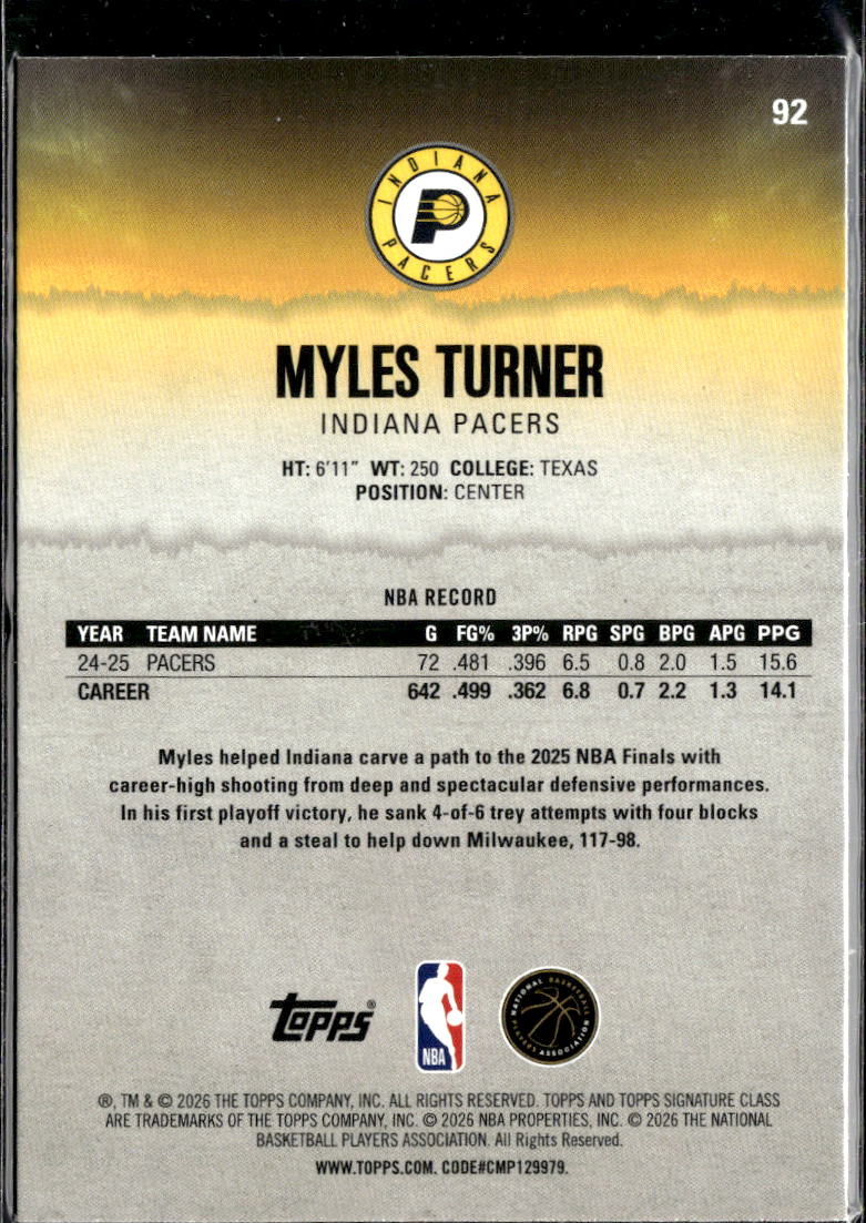 Myles Turner 2026 Topps Signature Class Yerllow 310/399 Indiana Pacers