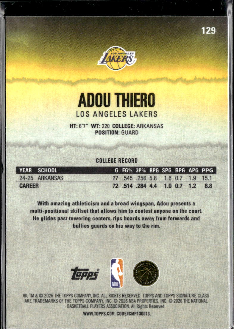 Adou Thiero 2026 Topps Signature Class RC Yellow /275 Los Angeles Lakers