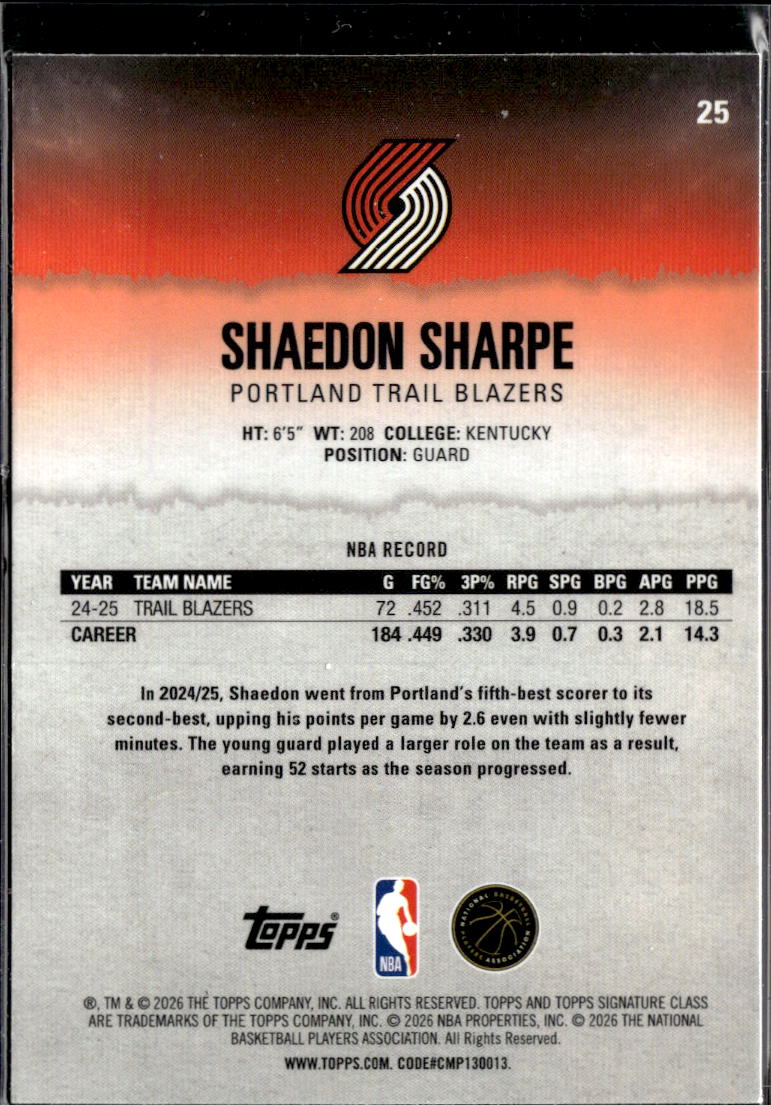 Shaedon Sharpe 2026 Topps Signature Class Yellow /275 Portland Trail Blazers