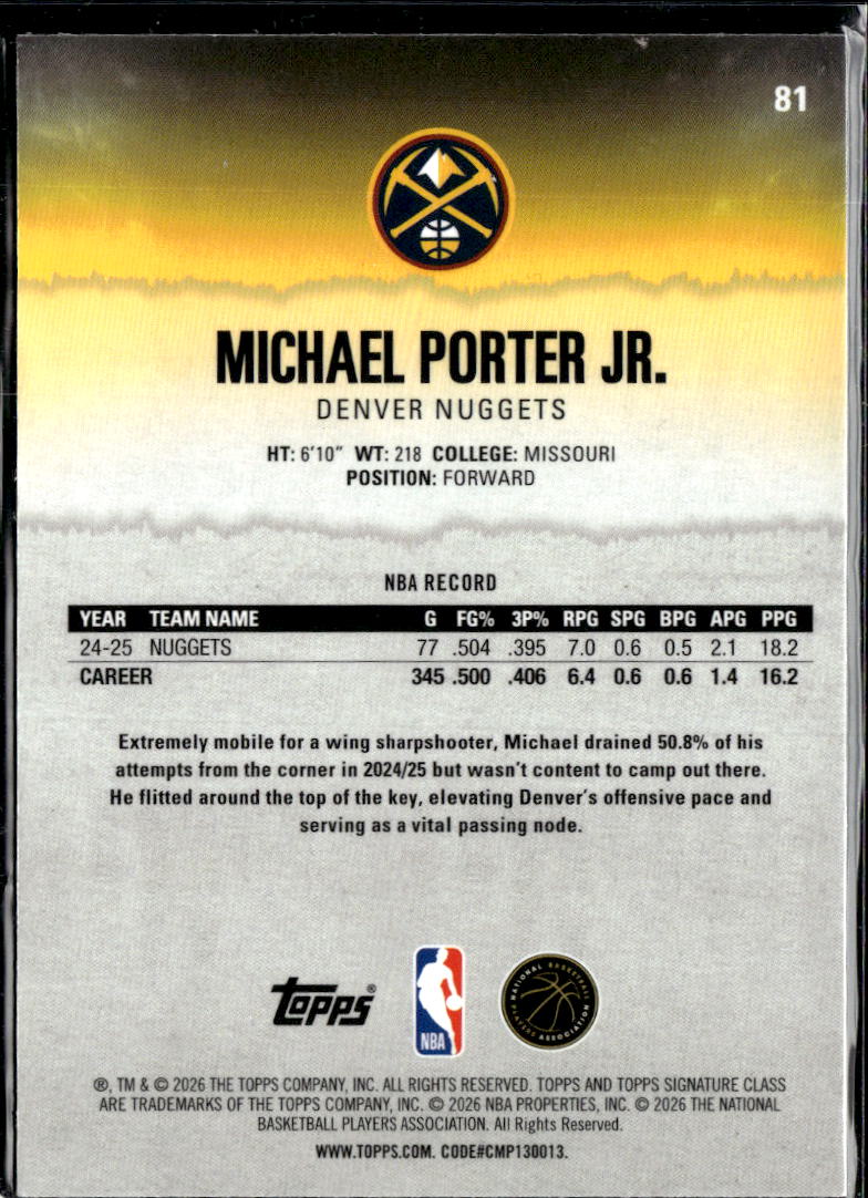 Michael Porter Jr. 2026 Topps Signature Class Yellow 137/275 Denver Nuggets